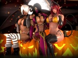 3d 3girls adeptusinfinitus angel_(kof) big_breasts bikini black_hair blender boots brown_skin choker cleavage crossover demon_tail elbow_gloves female female_only fur_coat glowing_eyes halloween horns jack-o'-lantern king_of_fighters legs mask midriff mileena monster_girl moon mortal_kombat original_character pubic_tattoo pumpkin red_hair seductive sinia sitting succubus succubus_horns succubus_tail tail tattoo thighhighs thighs white_hair