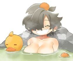 bath big_breasts black_hair blush breasts cleavage closed_eyes duck female_only hot_spring light-skinned_female light_skin magnolia_(mctamagomaki) mctamagomaki open_mouth orange oranges sauna smiling solo_female spa spring upper_body