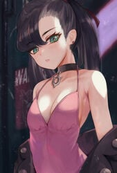 1girls 2021 alley black_hair black_jacket blush breasts choker cleavage clothed clothed_female dress female female_focus female_only goth green_eyes hi_res jacket looking_at_viewer marnie_(pokemon) medium_breasts medium_hair nintendo outdoors petite pink_dress pokemon pokemon_ss shy slim_waist torriet undressing