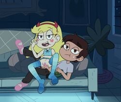 1boy 1boy1girl 1girls blonde_hair casual casual_sex chromosomefarm cockwarming couch eating eyebrows_visible_through_hair marco_diaz multitasking popcorn sex sex_on_couch socks star_butterfly star_vs_the_forces_of_evil straight teenager thighhighs uninterested vaginal_penetration watching_tv