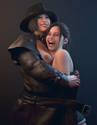 2girls 3d ada_wong ada_wong_(adriana) areolae asian asian_female batesz black_hair blender blender_(software) breasts brown_hair capcom claire_redfield fedora female female_only happy hug nipples resident_evil resident_evil_2 resident_evil_2_remake wholesome yuri