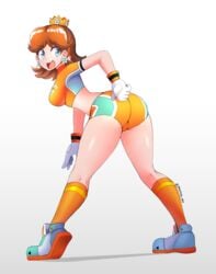 1girls ass blue_eyes breasts brown_hair crown female gloves jarckius looking_back mario_(series) mario_strikers nintendo princess_daisy short_hair shorts solo spandex_shorts thick_thighs thighs white_background