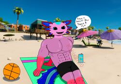 abs amphibian anthro axo_(fortnite) axolotl beach bighotdaddycat clothing english_text fortnite fortnite:_battle_royale in-game_background male male_only muscles muscular muscular_male pecs shorts smile solo topless video_games