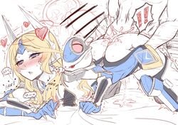 1boy 1girls all_fours arc_system_works big_ass blazblue blonde_hair bottom_heavy clutching_sheets cum cum_in_pussy cum_inside doggy_style dripping_cum looking_pleasured mu-12 noel_vermillion rolling_eyes small_breasts tears thick_thighs vaginal_penetration vermillion_dice wide_hips x-ray