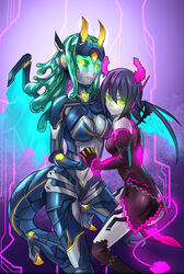 2girls demon demon_girl female goo_hair grey_skin ibenz009 metallic_body multiple_girls robot robot_girl succubus