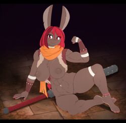 abs anthro big_breasts breasts chest_tuft featureless_crotch female flexing hair hi_res lagomorph leporid mammal matypup muscular muscular_female navel navel_piercing piercing rabbit red_hair solo tuft