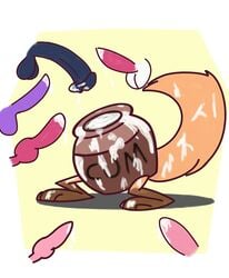 absurd_res animal_genitalia animal_penis anthro balls bodily_fluids canine_penis cum cum_in_tail cum_jar cum_on_feet equine_penis genital_fluids genitals group hi_res jar magic male male/male monster mrfoxluck penis