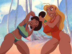 2girls alternate_version_available beach black_hair blonde_hair busty chrisbryer commission dark-skinned_female dark_skin disney female hips hourglass_figure human kingvego legs lifeguard_(lilo_and_stitch) lilo_and_stitch long_hair multiple_girls nani_pelekai public straight_hair swimsuit swimwear thebrise thick thick_legs thick_thighs wide_hips wristwatch wristwear