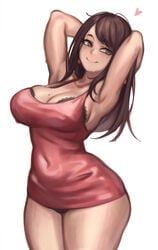 1girls armpits big_breasts breasts brown_hair dress large_breasts lentiyay long_hair original red_dress smile solo standing thick_thighs thighs white_background