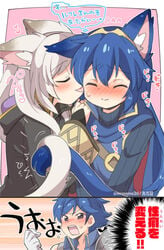 1boy 2girls blue_hair blush cat_ears cat_tail catgirl chrom_(fire_emblem) closed_eyes cute eromame female_focus fire_emblem fire_emblem_awakening grey_hair japanese_text licking long_hair lucina_(fire_emblem) nintendo robin_(fire_emblem) robin_(fire_emblem)_(female) smile text translated uncommon_stimulation yuri