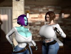 2girls 3d alternate_breast_size bare_shoulders big_breasts blue_skin breasts brown_hair bulletstorm busty cleavage curvy elf elf_ears elf_female elf_girl eyebrows eyelashes eyeshadow female female_only garry's_mod hair heterochromia highres hips human humanoid hyper hyper_breasts large_breasts lips long_ears long_pointy_ears multiple_girls nose pointy_ears purple_hair shadow66 shiny shiny_skin short_hair soria thick_lips trishka_novak unreal_tournament upper_body virtamate voluptuous waist wide_hips