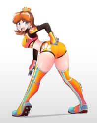 1girls ass blue_eyes breasts brown_hair clothed crown earrings female female_only gloves jarckius looking_back mario_(series) mario_strikers nintendo open_mouth princess_daisy short_hair shorts soccer_shoes soccer_uniform solo spandex_shorts thick_thighs thighs white_skin