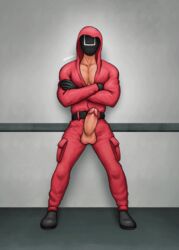 1boy cum cumshot gay gif gloves hard_on hoodie male male_only mask masked mrbulge_ netflix penis penis_out pink_guard solo square_(squid_game) squid_game track_suit