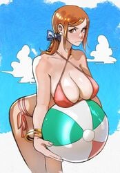 1girls angry_face beach beach_ball bikini blush bracelet female female_only jerrydurd large_breasts nami one_piece orange_eyes orange_hair post-timeskip solo solo_female tagme