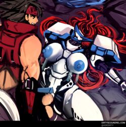 1boy 1girls blue_nipples breasts brown_hair defeated dirtyscoundrel fully_clothed guilty_gear justice_(guilty_gear) large_breasts long_hair mecha mechanical nipples orange_hair penetration sex sol_badguy