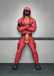 1boy gloves hard_on hoodie male male_only mask masked mrbulge_ netflix penis penis_out pink_guard solo square_(squid_game) squid_game track_suit