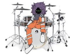 1girls chaz_dono_&_friends clothed clothing deatthot drums drumsticks female female_only maase music_(culture) overalls partially_clothed purple_hair robot robot_girl solo topless wig