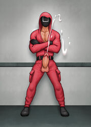 1boy cum cumshot gloves hard_on hoodie male male_only mask masked mrbulge_ netflix penis penis_out pink_guard solo square_(squid_game) squid_game track_suit