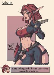 1girls armor ashelin_praxis athletic athletic_female belt big_breasts breasts cleavage clothed clothing curvaceous curvy curvy_female curvy_figure dialogue dreadlocks english_text female firearm fit fit_female g-string green_eyes gun hamza_touijri handgun hips holster jak_and_daxter lips medium_hair midriff navel panties pointy_ears red_hair red_lipstick revealing_clothes skimpy skimpy_clothes solo solo_female solo_focus tattoo tattoos text thick thick_thighs thighs thong_above_pants tight_clothing toned toned_female underwear voluptuous weapon wide_hips