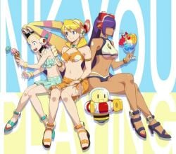 3girls alia alternate_costume bikini bikini_bottom bikini_top blonde_hair blue_eyes bracelet capcom dark_skin female female_only gold_bracelet gold_jewelry green_bikini green_bikini_bottom green_bikini_top green_eyes hair_over_eyes headset hidden_eyes high_heels ice_cream layer light_skin mega_man mega_man_x official_art only_female open_mouth pallette pokadot_bikini pokadots purple_hair robot robot_girl swimsuit_alia_(x_dive) swimsuit_layer_(x_dive) swimsuit_palette_(x_dive) white_bikini white_bikini_bottom white_bikini_top white_skin yellow_bikini yellow_bikini_bottom yellow_bikini_top