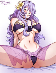 1girls alternate_costume arm_support arms_behind_back artist_name bangs bare_shoulders bed_sheet bikini bikini_bottom bikini_top blush blushing_at_viewer breasts camilla_(fire_emblem) camilla_(summer)_(fire_emblem) cleavage collarbone dated female female_focus female_only fire_emblem fire_emblem_fates fire_emblem_heroes flower hair_flower hair_ornament hair_over_one_eye hibiscus large_breasts legs_apart legs_spread long_hair long_purple_hair looking_at_viewer minacream navel nintendo official_alternate_costume purple_bikini purple_eyes purple_hair purple_swimsuit red_eyes sarong see-through see-through_clothing see-through_skirt simple_background skirt solo source_smaller spread_legs stomach swimsuit underboob very_long_hair white_background