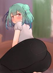 artist_request ass_focus big_ass big_butt bottom_heavy embarrassed fully_clothed green_hair hololive hololive_fantasy hololive_japan jeans looking_at_viewer looking_back red_eyes tight_pants uruha_rushia virtual_youtuber