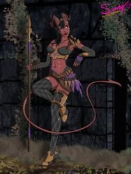 1girls against_wall ameera_iomene armor artist_signature ayalet_nihazi black_hair black_panties black_thighhighs clothed clothing dark demon detailed_background dnd dungeons_and_dragons earrings fantasy female female_only grass ground high_heels horn horns night outdoors panties purple_eyes red_body red_horns red_skin skimpy_armor skimpy_clothes solo solo_female solo_focus spear standing stone_wall tagme tail thighhighs throwing_knife tiefling wall