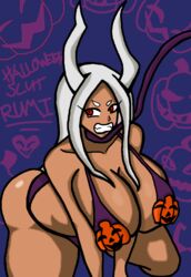 angry angry_face big_breasts bikini blue_background bunny_ears collar dark-skinned_female dark_skin halloween haydee~_(artist) huge_breasts jack-o'-lantern leash miruko my_hero_academia pumpkin purple_clothing red_eyes rumi_usagiyama thick_thighs white_hair