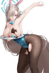 1girls 2021 asuna_(blue_archive) asuna_(bunny)_(blue_archive) big_breasts blonde_hair blue_archive blue_eyes blush breasts breasts_on_tray bunny_ears bunny_tail bunnysuit chocolate chocolate_on_breasts female female_focus female_only huge_breasts leotard looking_at_viewer millennium_science_school_student mole mole_on_breast nevin_(flyskying) pantyhose playboy_bunny simple_background smile smiling solo solo_female solo_focus torn_pantyhose tray white_background