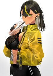 abs ass bangs beauty_mark big_breasts black_bra black_gloves black_hair black_legwear bra choker cleavage dark-skinned_female dark_elf dark_hair dark_skin drinking earbuds elf elf_ears elf_female fangs female female_focus female_only floral_print gloves hair_between_eyes hair_over_one_eye hand_in_pocket large_breasts lilith_(lilycious) lilycious long_hair looking_at_viewer looking_to_the_side mole mole_on_breast mole_under_mouth multicolored_hair oc open_clothes pointy_ears ponytail red_eyes round_ass side_view sideboob solo solo_female solo_focus tagme white_background yellow_clothing yellow_eyes yellow_hair zipper