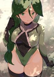 1girls bangs big_breasts braid braided_hair breasts cheryl_(pokemon) clothing covered_navel curvaceous curvy curvy_figure erect_nipples erect_nipples_under_clothes eye_contact female female_only green_eyes green_hair hair_between_eyes hi_res high_resolution highleg highleg_leotard highres huge_breasts human large_breasts legwear leotard light-skinned_female light_skin looking_at_viewer nintendo pale_skin pokemon pokemon_dppt spring2013 thick_thighs thighs thin_waist wide_hips