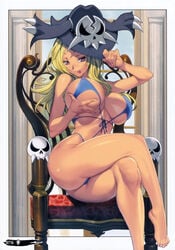 1girls :p ass bare_shoulders barefoot big_breasts bikini blonde_hair blush breast_grab breasts chair cleavage eyelashes feet female female_focus female_only grabbing hat hat_tip highres homare_(fool's_art) large_breasts legs_crossed long_fingernails long_hair mole mole_under_mouth nose_blush page_76 page_number pink_nails scan senran_kagura senran_kagura_shinovi_versus shiki_(senran_kagura) shiny shiny_skin sitting skull smile solo solo_female swimsuit thick_thighs thighs tongue tongue_out underboob white_border