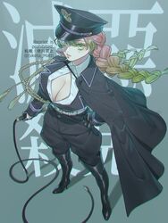 alternate_costume bangs big_breasts black_gloves boob_window boots braided_hair cape cleavage demon_slayer dominatrix female female_only full_body gloves green_eyes high-angle_view high_heel_boots high_heels kanroji_mitsuri kimetsu_no_yaiba leather_boots long_hair long_sleeves looking_at_viewer military_hat military_uniform mole_under_eye open_shirt pink_hair siketa_matti solo standing thigh_boots unbuttoned_shirt uniform whip