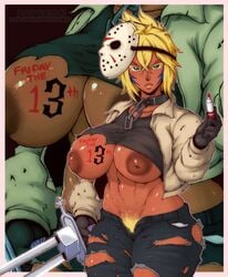 1girls 2021 areolae big_breasts bleach blonde_hair blonde_pubic_hair body_writing breasts clothed clothing collar cosplay dark-skinned_female dark_skin female female_only friday_the_13th green_eyes inverted_nipples jason_voorhees_(cosplay) large_breasts looking_at_viewer marker mask nipples pubic_hair randomboobguy ripped_clothing solo sword tia_harribel torn_clothes