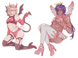 2boys albedo_(genshin_impact) angel_boy angel_halo angel_wings crossdressing dark-skinned_femboy dark-skinned_male dark_skin demon demon_boy demon_horns demon_tail demon_wings femboy frills genshin_impact heels horns kaeya_(genshin_impact) light-skinned_male lingerie looking_at_viewer male_only max_eera muscular_male succubus tail thick_thighs thighhigh_boots thighhighs thighs wings