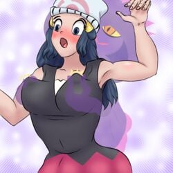 big_breasts big_nipples blue_hair dawn_(pokemon) eldelascajas ghost mismagius pokemon pokemon_(species)