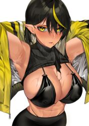 abs armpits arms_behind_head asymmetrical_hair bangs bare_arms bare_midriff bare_shoulders beauty_mark belly_button big_breasts bikini_top black_bikini black_bra black_gloves black_hair black_legwear blush blush_lines bra breast_focus choker cleavage dark-skinned_female dark_elf dark_hair dark_skin elf elf_ears elf_female fangs female female_focus female_only gloves hair_between_eyes hair_over_one_eye hand_in_pocket high_resolution highres large_breasts lilith_(lilycious) lilycious long_hair looking_at_viewer mask mask_removed mole mole_on_breast mole_on_thigh mole_under_mouth multicolored_hair nipple_bulge nipples_visible_through_clothing oc open_clothes pointy_ears shirt_up side_view sideboob six_pack solo solo_female solo_focus steaming_body tagme toned toned_body toned_female toned_stomach underboob underwear virgin_killer_sweater wet wet_armpit wet_hair wet_panties yellow_clothing yellow_eyes yellow_hair