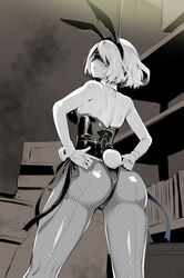 1girls ass bob_cut bunnysuit female female_only fishnets kojima_saya leotard monochrome nier nier:_automata short_hair white_hair yorha_2b