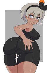 1girls after_sex after_vaginal ass bea_(pokemon) big_ass big_breasts big_butt blue_eyes bodysuit breasts cameltoe cum cum_in_pussy cum_on_clothes female grabbing_own_ass grey_hair hair_ribbon nintendo pokemon pokemon_ss short_hair sideboob thick_thighs thighs winzaku_(asakura)