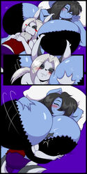 1boy 1girls 2020 anthro bed between_breasts black_hair blue_fur blush bra breast_grab breast_smother breasts breasts_bigger_than_head canine cleavage closed_eyes comic female fox furry grey_fur huge_breasts larger_female lily_(dfstarfield) lingerie male mastergodai original original_character pillow shaze size_difference sleeping smaller_male straight white_hair