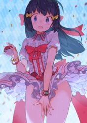 1girls accidental_exposure blue_eyes clothing covering covering_crotch cute dawn_(pokemon) electronics embarrassed frills human nintendo pale_skin panties pantyshot pantyshot_(standing) pokemon pokemon_dppt ribbon skirt skirt_lift skirt_tug spring2013 sweat wristwear young