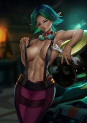 1girls artist_name big_breasts breasts choker clothed clothing covered_nipples curvaceous curvy curvy_female curvy_figure felox08 female goggles goggles_around_neck green_eyes green_hair hips jak_and_daxter keira_hagai large_breasts looking_at_viewer medium_hair midriff navel panties pointy_ears seductive seductive_eyes seductive_look solo solo_female solo_focus straps suspenders thick_thighs thighs tomboy tools topless underwear vehicle visible_underwear voluptuous wide_hips wrench