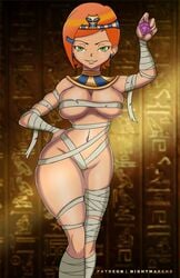 1girls ben_10 big_breasts breasts cartoon_network condom earrings egyptian_clothes egyptian_clothing eye_contact female green_eyes gwen_tennyson halloween heiroglyphs holding_condom looking_at_viewer mummy_costume nightmare_hdraw orange_hair short_hair solo standing thick_thighs thighs wrappings