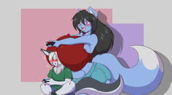 1boy 1girls 2020 anthro black_hair blue_fur blush boob_hat breasts breasts_bigger_than_head canine controller female fox furry huge_breasts lily_(dfstarfield) long_hair male mastergodai original original_character playing_videogame shaze size_difference smaller_male tail voluptuous white_fur white_hair wide_hips