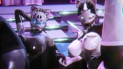 2girls 3d 3d_(artwork) ada-1 blue_eyes bungie cat_costume cat_ears cosplay costume destiny_(game) destiny_2 elbow_gloves elsie_bray exo exo_stranger female_only gloves glowing glowing_eyes high_heels leotard robot robot_girl robot_humanoid sonicfreak stockings white_eyes