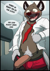 aggressive_retsuko anthro blush bodily_fluids bottomwear boxers_(clothing) brown_body brown_fur clothed clothing delirost detailed_background english_text foreskin fur genital_fluids genitals haida hi_res humanoid_genitalia humanoid_penis hyaenid male male_only mammal necktie open_bottomwear open_clothing open_pants open_shirt open_topwear pants pants_down partially_clothed penis precum red_clothing red_underwear sanrio shirt smooth_fur speech_bubble spots text topwear underwear underwear_down