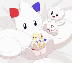 absurd_res bed blush evolutionary_family female feral feral_only furniture genitals group hi_res lying minami_(artist) nintendo on_back on_bed pokémon_(species) pokemon presenting presenting_pussy pussy spread_pussy spreading take_your_pick togekiss togepi togetic video_games