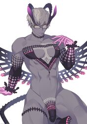 1boy :p abs alternate_costume alternate_pectoral_size bara chest_tattoo colored_skin cosplay curled_horns demon demon_boy detached_sleeves etap fate/grand_order fate_(series) glasses grey_hair grey_skin hi_res highres horns jacques_de_molay_(fate) jacques_de_molay_(foreigner)_(fate) jacques_de_molay_(foreigner)_(fate)_(cosplay) looking_at_viewer male male_focus male_only mature_male muscular muscular_male navel nipples pectoral_cleavage pectorals penis qwq1151h short_hair solo stomach tattoo thick_thighs thighs tongue tongue_out uncensored yellow_eyes