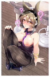 ? alternate_costume bangle bar_stool between_breasts black_footwear black_legwear black_leotard blush bracelet breasts breasts_out breath brown_hair clothes_pull commentary detached_collar dress_pull eyebrows_visible_through_hair eyelashes female full_body hair_between_eyes hair_flaps half-closed_eyes headphones heart heart-shaped_pupils heavy_breathing high_heels hypnosis indoors jewelry kurokan_(kokkyou_oudan) leotard looking_at_viewer medium_breasts medium_hair mind_control necktie necktie_between_breasts nipples open_mouth outline pantyhose purple_necktie ringed_eyes sitting solo stool strapless strapless_leotard sweat symbol-shaped_pupils torogao touhou toyosatomimi_no_miko wing_collar wooden_floor