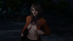 3d ashley_graham ashley_graham_(ella_freya) belly_piercing blender blonde_hair breasts capcom exposed_breasts female_focus female_only forest front_view looking_at_viewer mokujin_hornywood night resident_evil resident_evil_4 resident_evil_4_remake showing_breasts topless undressing